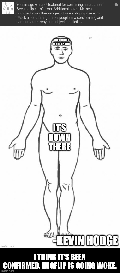 "Men are men and women are women. It's that simple." was the meme title. Kevin Hodge is a comedian. | I THINK IT'S BEEN CONFIRMED. IMGFLIP IS GOING WOKE. | made w/ Imgflip meme maker