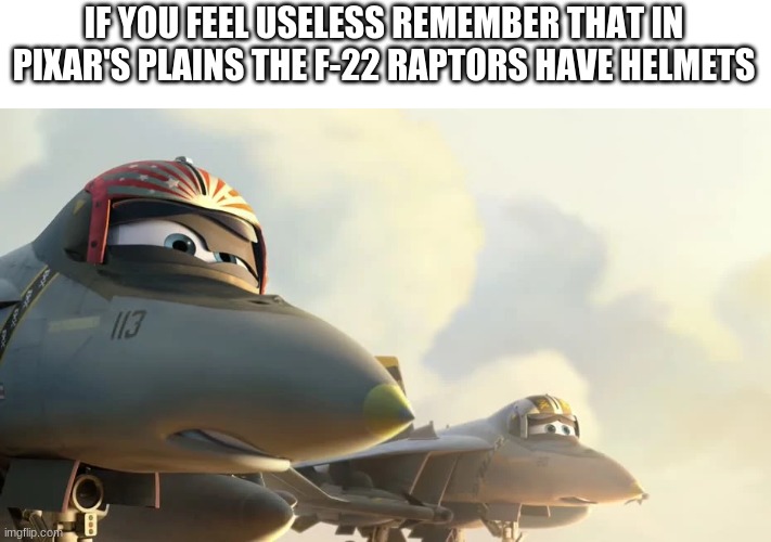 #MemeRemaster | IF YOU FEEL USELESS REMEMBER THAT IN PIXAR'S PLAINS THE F-22 RAPTORS HAVE HELMETS | image tagged in memes | made w/ Imgflip meme maker