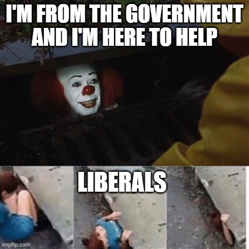 Who are the clowns? | I'M FROM THE GOVERNMENT AND I'M HERE TO HELP; LIBERALS | image tagged in pennywise in sewer,liberals,politics | made w/ Imgflip meme maker