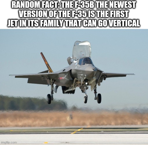 RANDOM FACT: THE F-35B THE NEWEST VERSION OF THE F-35 IS THE FIRST JET IN ITS FAMILY THAT CAN GO VERTICAL | made w/ Imgflip meme maker