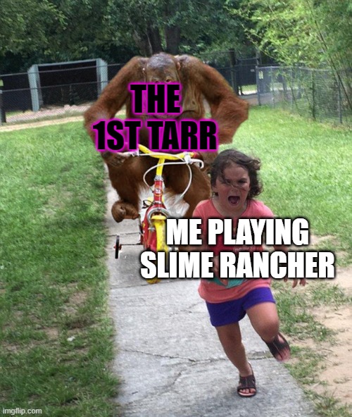 Slime Rancher In a nutshell | THE 1ST TARR; ME PLAYING SLIME RANCHER | image tagged in orangutan chasing girl on a tricycle | made w/ Imgflip meme maker