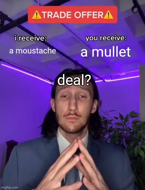 Trade Offer | a moustache; a mullet; deal? | image tagged in trade offer | made w/ Imgflip meme maker