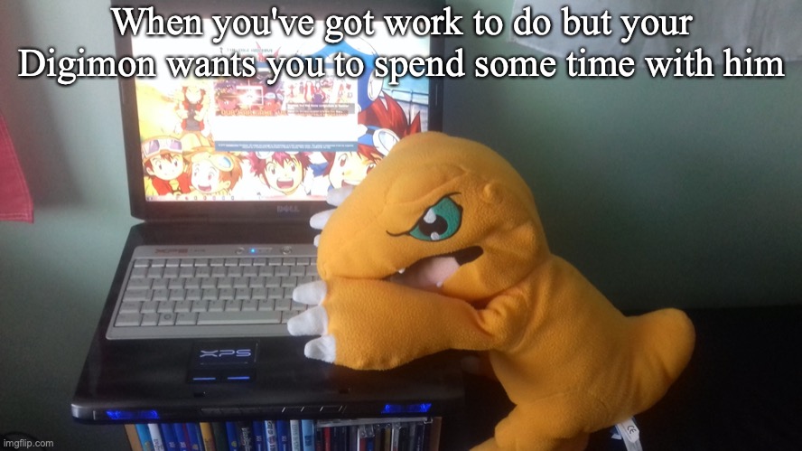 When you've got work to do but your Digimon wants you to spend some time with him | image tagged in digimon,digital,computer,work | made w/ Imgflip meme maker