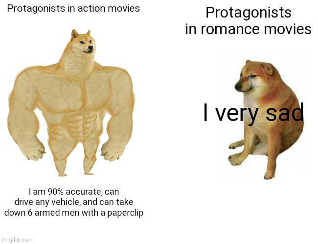 Buff Doge vs. Cheems Meme | Protagonists in action movies; Protagonists in romance movies; I very sad; I am 90% accurate, can drive any vehicle, and can take down 6 armed men with a paperclip | image tagged in memes,buff doge vs cheems | made w/ Imgflip meme maker