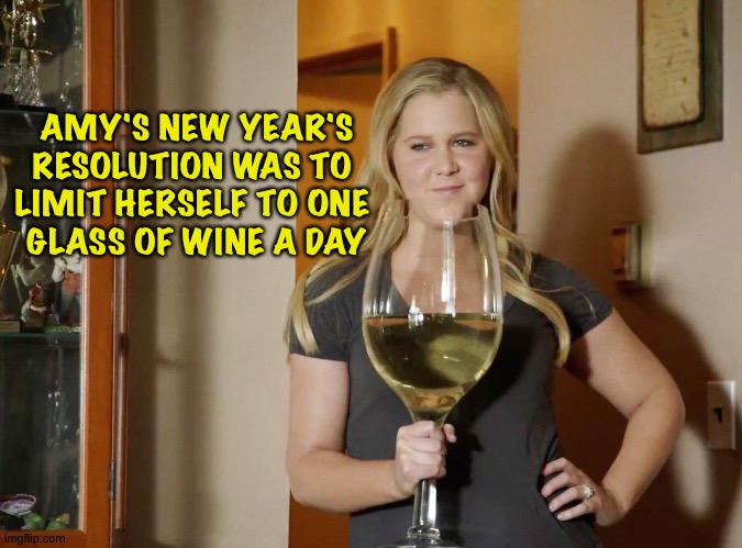 Big glass | AMY'S NEW YEAR'S
RESOLUTION WAS TO 
LIMIT HERSELF TO ONE 
GLASS OF WINE A DAY | image tagged in big glass | made w/ Imgflip meme maker