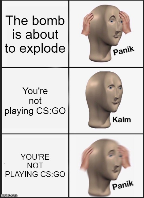 my first time posting on imgflip XD | The bomb is about to explode; You're not playing CS:GO; YOU'RE NOT PLAYING CS:GO | image tagged in memes,panik kalm panik | made w/ Imgflip meme maker