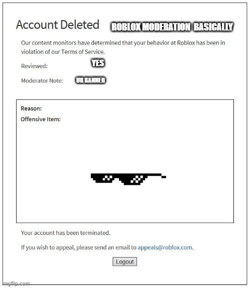 Banned From Roblox Imgflip - roblox moderation email
