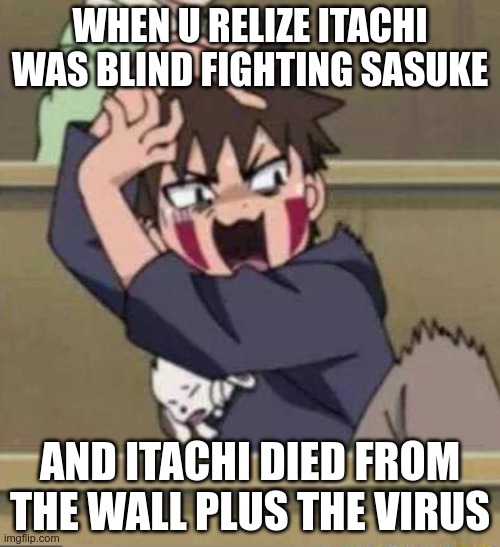 WHEN U RELIZE ITACHI WAS BLIND FIGHTING SASUKE; AND ITACHI DIED FROM THE WALL PLUS THE VIRUS | image tagged in kiba | made w/ Imgflip meme maker