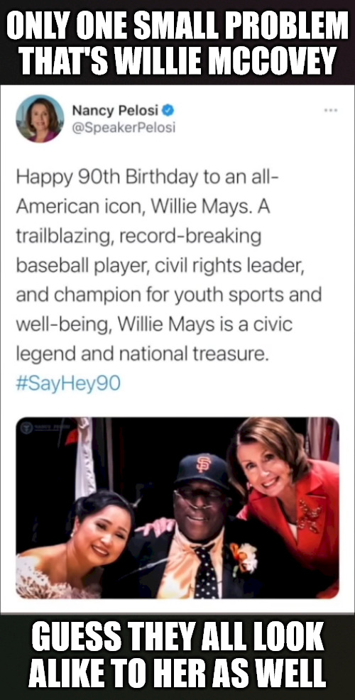 pelosi & mccovey | ONLY ONE SMALL PROBLEM
THAT'S WILLIE MCCOVEY; GUESS THEY ALL LOOK ALIKE TO HER AS WELL | image tagged in nancy pelosi | made w/ Imgflip meme maker