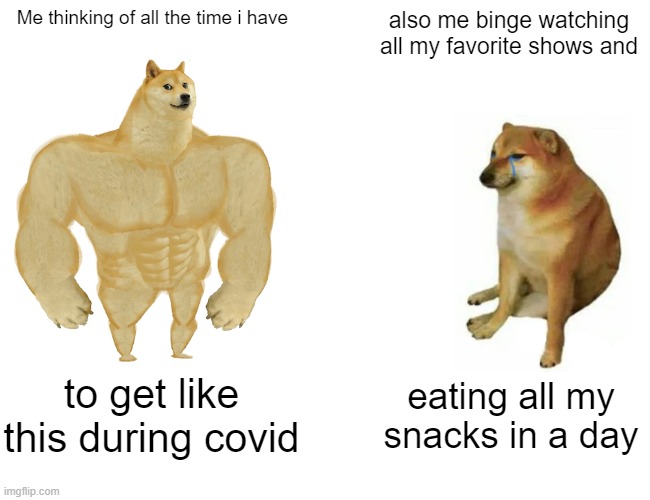 Buff Doge vs. Cheems Meme | Me thinking of all the time i have; also me binge watching all my favorite shows and; to get like this during covid; eating all my snacks in a day | image tagged in memes,buff doge vs cheems | made w/ Imgflip meme maker
