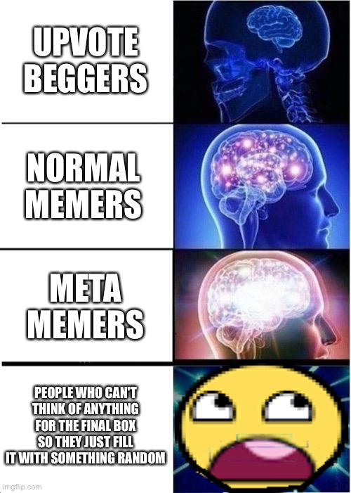 Big brain | UPVOTE BEGGERS; NORMAL MEMERS; META MEMERS; PEOPLE WHO CAN'T THINK OF ANYTHING FOR THE FINAL BOX SO THEY JUST FILL IT WITH SOMETHING RANDOM | image tagged in memes,expanding brain,upvote begging,memeing,memes about memes | made w/ Imgflip meme maker