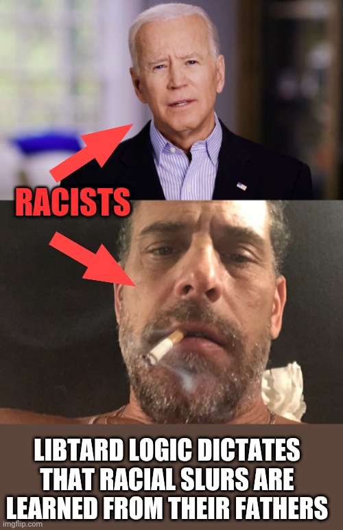 RACISTS; LIBTARD LOGIC DICTATES THAT RACIAL SLURS ARE LEARNED FROM THEIR FATHERS | image tagged in joe biden 2020,hunter biden | made w/ Imgflip meme maker