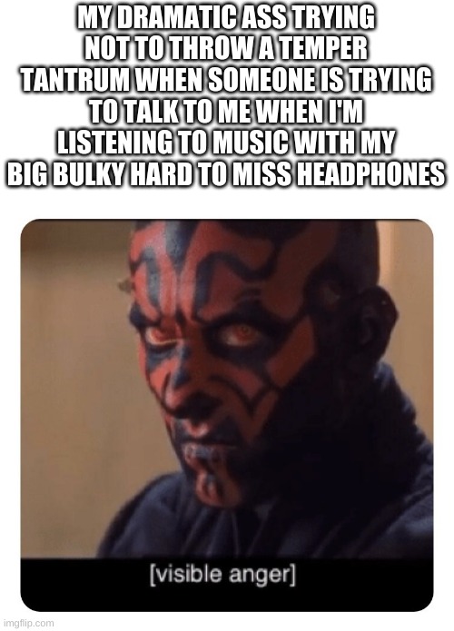 I just made this meme to vent, might delete it later if I don't forget about it | MY DRAMATIC ASS TRYING NOT TO THROW A TEMPER TANTRUM WHEN SOMEONE IS TRYING TO TALK TO ME WHEN I'M LISTENING TO MUSIC WITH MY BIG BULKY HARD TO MISS HEADPHONES | image tagged in darth maul visible anger | made w/ Imgflip meme maker