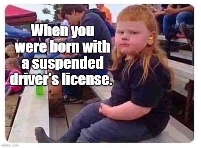 When you were born with a suspended driver's license. | image tagged in funny | made w/ Imgflip meme maker
