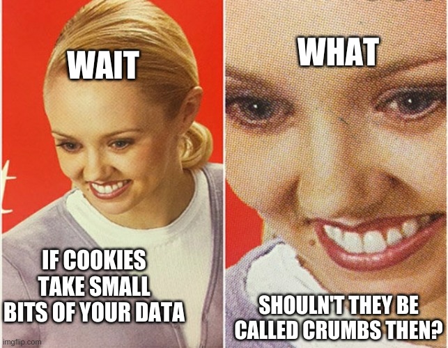 WAIT WHAT? | WHAT; WAIT; IF COOKIES TAKE SMALL BITS OF YOUR DATA; SHOULN'T THEY BE CALLED CRUMBS THEN? | image tagged in wait what | made w/ Imgflip meme maker