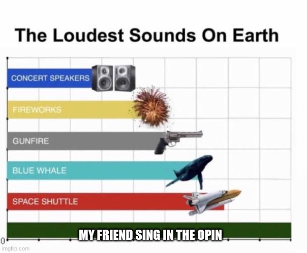 The Loudest Sounds on Earth | MY FRIEND SING IN THE OPIN | image tagged in the loudest sounds on earth | made w/ Imgflip meme maker