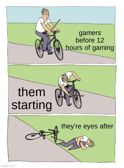 if your not a spoiled kid you will understand | gamers before 12 hours of gaming; them starting; they're eyes after | image tagged in memes,bike fall | made w/ Imgflip meme maker