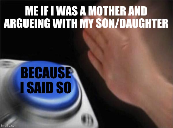 what all mothers do while argueing with children | ME IF I WAS A MOTHER AND ARGUEING WITH MY SON/DAUGHTER; BECAUSE I SAID SO | image tagged in memes,blank nut button | made w/ Imgflip meme maker