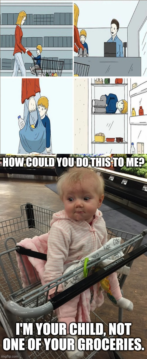 Son as a grocery | HOW COULD YOU DO THIS TO ME? I'M YOUR CHILD, NOT ONE OF YOUR GROCERIES. | image tagged in grocery store baby,dark humor,memes,meme,comic,comics | made w/ Imgflip meme maker