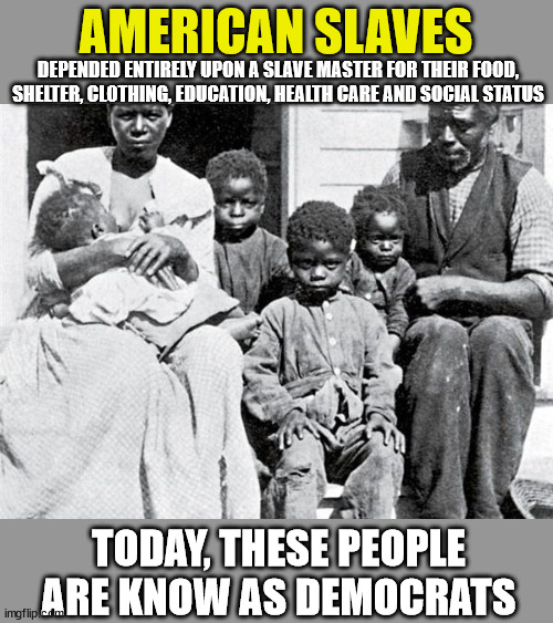 Todays Slaves | AMERICAN SLAVES; DEPENDED ENTIRELY UPON A SLAVE MASTER FOR THEIR FOOD, SHELTER, CLOTHING, EDUCATION, HEALTH CARE AND SOCIAL STATUS; TODAY, THESE PEOPLE ARE KNOW AS DEMOCRATS | image tagged in slavery,democrats,stupid liberals | made w/ Imgflip meme maker