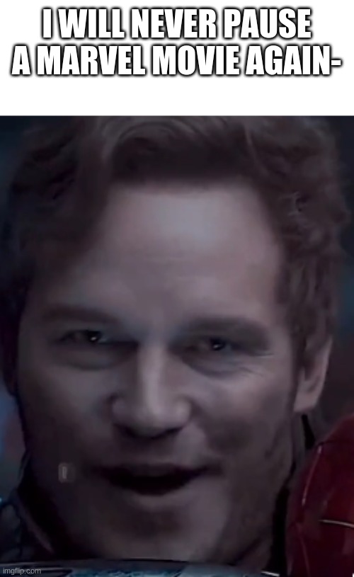 I WILL NEVER PAUSE A MARVEL MOVIE AGAIN- | image tagged in marvel,avengers infinity war,chris pratt,starlord,funny meme | made w/ Imgflip meme maker
