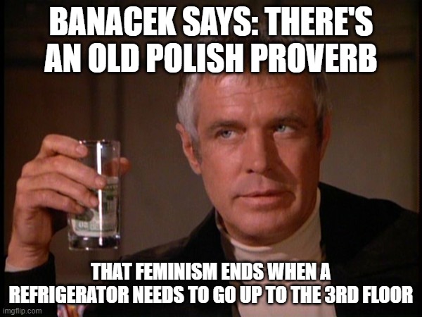 This is an actual saying in Poland. | BANACEK SAYS: THERE'S AN OLD POLISH PROVERB; THAT FEMINISM ENDS WHEN A REFRIGERATOR NEEDS TO GO UP TO THE 3RD FLOOR | image tagged in banacek,poland,feminism,women,men,george peppard | made w/ Imgflip meme maker
