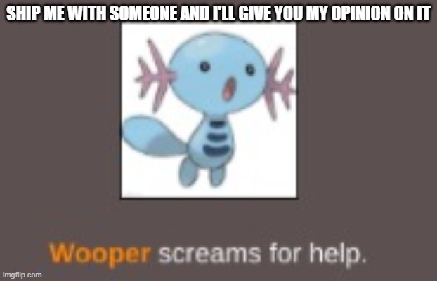 SHIP ME WITH SOMEONE AND I'LL GIVE YOU MY OPINION ON IT | image tagged in wooper screams for help | made w/ Imgflip meme maker