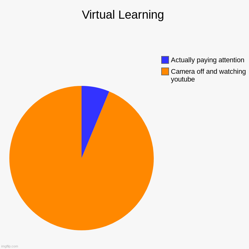 Virtual Learning | Virtual Learning | Camera off and watching youtube, Actually paying attention | image tagged in charts,pie charts | made w/ Imgflip chart maker