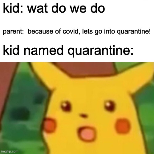 ummmm.... | kid: wat do we do; parent:  because of covid, lets go into quarantine! kid named quarantine: | image tagged in memes,surprised pikachu | made w/ Imgflip meme maker
