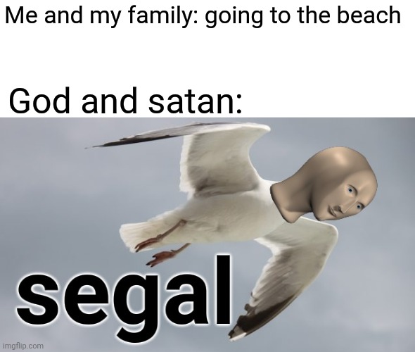 Relatable isn't it XDDD | Me and my family: going to the beach; God and satan: | image tagged in meme man segal,seagulls,beach,memes,funny,stonks | made w/ Imgflip meme maker