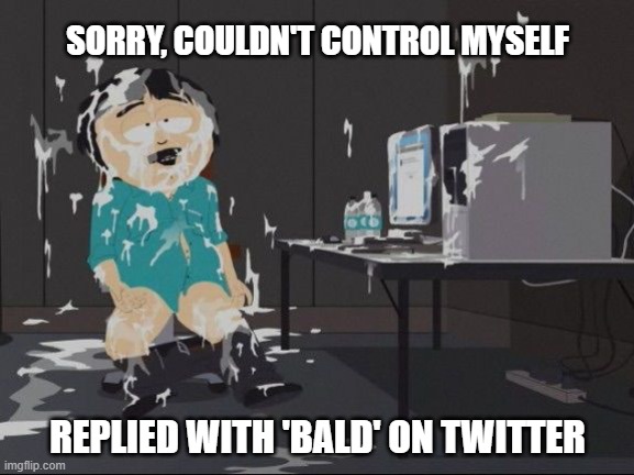 Bald | SORRY, COULDN'T CONTROL MYSELF; REPLIED WITH 'BALD' ON TWITTER | image tagged in southpark orgasm,twitter,bald | made w/ Imgflip meme maker