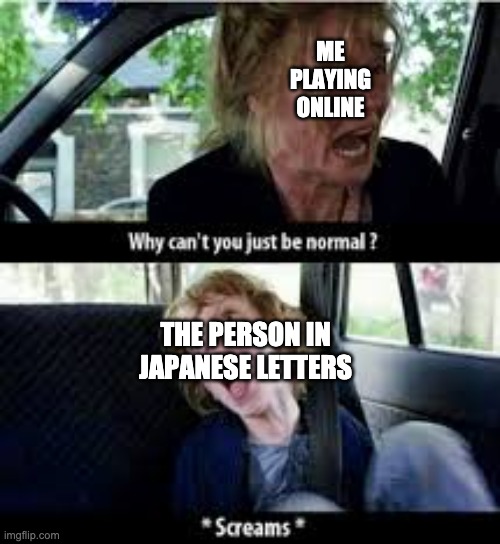 Why cant you just be normal? | ME PLAYING ONLINE; THE PERSON IN JAPANESE LETTERS | image tagged in why cant you just be normal | made w/ Imgflip meme maker