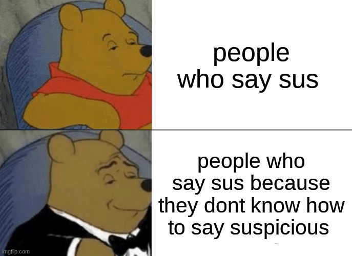 Tuxedo Winnie The Pooh Meme | people who say sus; people who say sus because they dont know how to say suspicious | image tagged in memes,tuxedo winnie the pooh | made w/ Imgflip meme maker