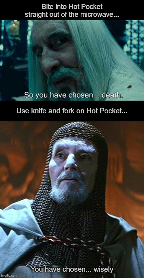 Bite into Hot Pocket straight out of the microwave... Use knife and fork on Hot Pocket... You have chosen... wisely | image tagged in so you have chosen death,you have chosen wisely | made w/ Imgflip meme maker