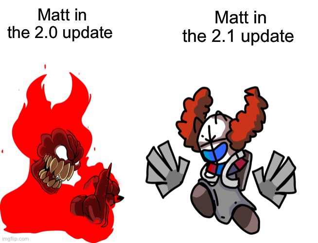 Matt in the 2.1 update; Matt in the 2.0 update | image tagged in blank white template,FridayNightFunkin | made w/ Imgflip meme maker