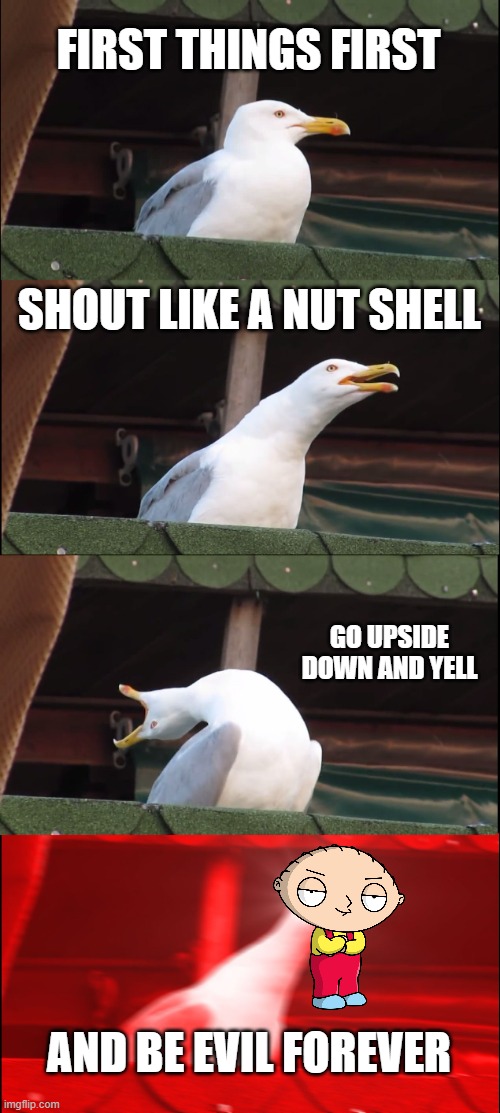 Inhaling Seagull Meme | FIRST THINGS FIRST; SHOUT LIKE A NUT SHELL; GO UPSIDE DOWN AND YELL; AND BE EVIL FOREVER | image tagged in memes,inhaling seagull | made w/ Imgflip meme maker