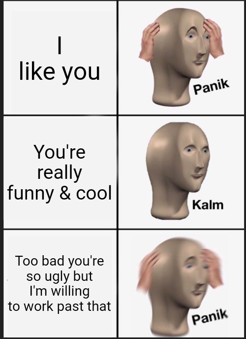 Panik Kalm Panik | I like you; You're really funny & cool; Too bad you're so ugly but I'm willing to work past that | image tagged in memes,panik kalm panik | made w/ Imgflip meme maker