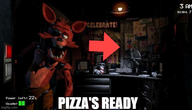 Foxy Five Nights at Freddy's | PIZZA'S READY | image tagged in foxy five nights at freddy's | made w/ Imgflip meme maker