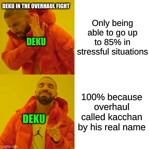 Deku in the Overhaul fight be like | DEKU IN THE OVERHAUL FIGHT; Only being able to go up to 85% in stressful situations; DEKU; 100% because overhaul called kacchan by his real name; DEKU | image tagged in memes,drake hotline bling,mha | made w/ Imgflip meme maker