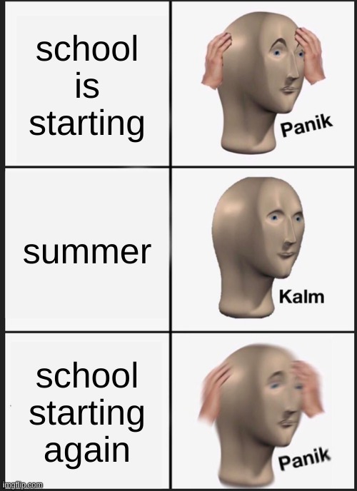 what school does to us | school is starting; summer; school starting again | image tagged in memes,panik kalm panik | made w/ Imgflip meme maker