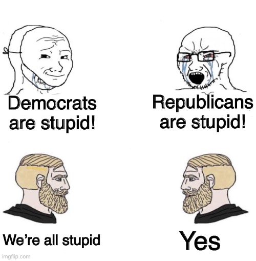 Tired of the mudslinging :/ | Republicans are stupid! Democrats are stupid! Yes; We’re all stupid | image tagged in chad we know,politics,memes,liberals vs conservatives,liberal vs conservative,politics suck | made w/ Imgflip meme maker