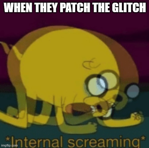 Jake The Dog Internal Screaming | WHEN THEY PATCH THE GLITCH | image tagged in jake the dog internal screaming | made w/ Imgflip meme maker