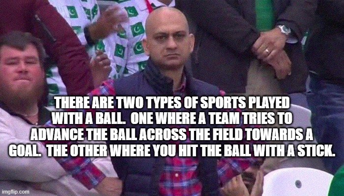 Angry Pakistani Fan | THERE ARE TWO TYPES OF SPORTS PLAYED WITH A BALL.  ONE WHERE A TEAM TRIES TO ADVANCE THE BALL ACROSS THE FIELD TOWARDS A GOAL.  THE OTHER WHERE YOU HIT THE BALL WITH A STICK. | image tagged in angry pakistani fan | made w/ Imgflip meme maker