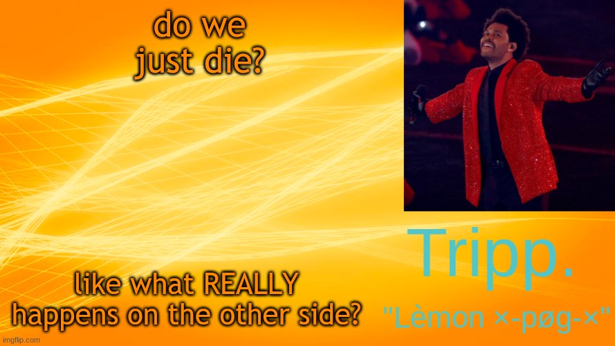 mental questions with Tripp. | do we just die? like what REALLY happens on the other side? | image tagged in the weekend-blinding lights tripp temp | made w/ Imgflip meme maker