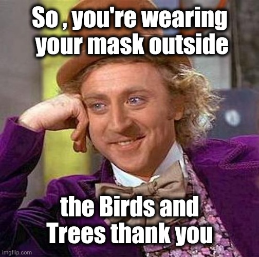 Creepy Condescending Wonka Meme | So , you're wearing
 your mask outside the Birds and Trees thank you | image tagged in memes,creepy condescending wonka | made w/ Imgflip meme maker