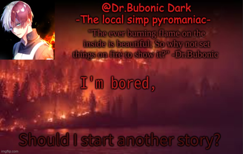 I'm bored, Should I start another story? | image tagged in yes i am a pyromaniac | made w/ Imgflip meme maker
