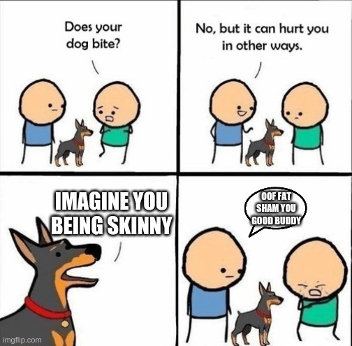 people fat shame me all the time | IMAGINE YOU BEING SKINNY; OOF FAT SHAM YOU GOOD BUDDY | image tagged in does your dog bite,oof,memes,lol,get rekt,lol memes | made w/ Imgflip meme maker