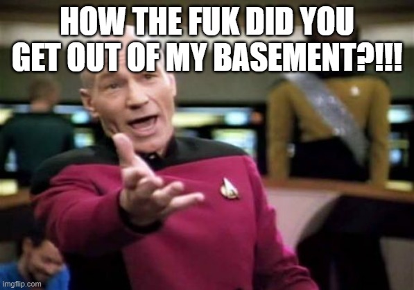 Picard Wtf Meme | HOW THE FUK DID YOU GET OUT OF MY BASEMENT?!!! | image tagged in memes,picard wtf | made w/ Imgflip meme maker