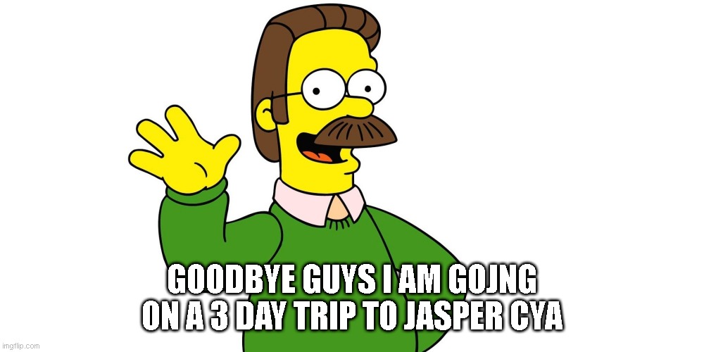 lol i am going to miss 2 days of school | GOODBYE GUYS I AM GOJNG ON A 3 DAY TRIP TO JASPER CYA | image tagged in ned flanders wave | made w/ Imgflip meme maker