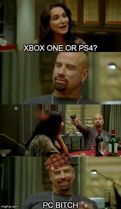 image tagged in xbox one,memes,skinhead john travolta,ps4 | made w/ Imgflip meme maker